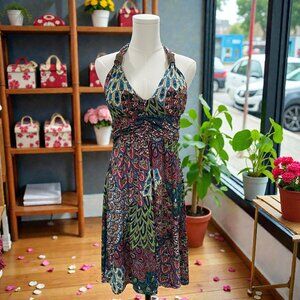 Shoreline Halter Dress Boho Peacock Print Beaded Resort Vacation LXL Festival
